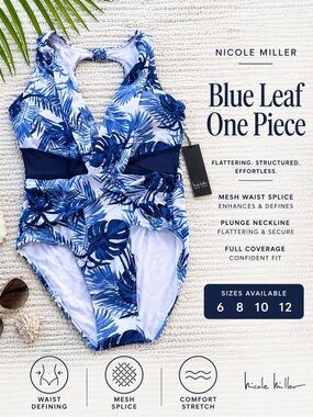 Nicole Miller Blue Leaf One Piece Swimsuit Mesh Waist NWT Sz 6 8 10 12